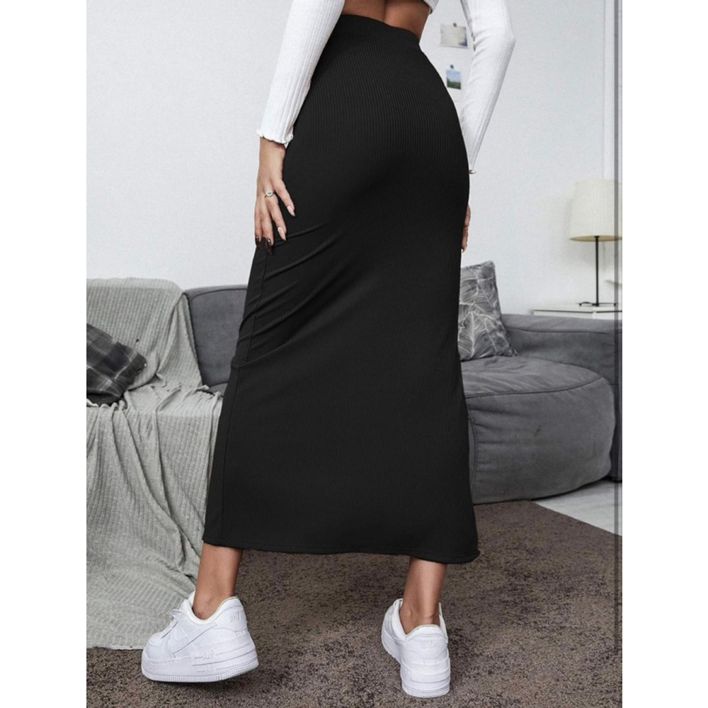NEW Split Ribbed Knit Bodycon High Waisted Side Slit Pencil Maxi Skirt S - Picture 2 of 6